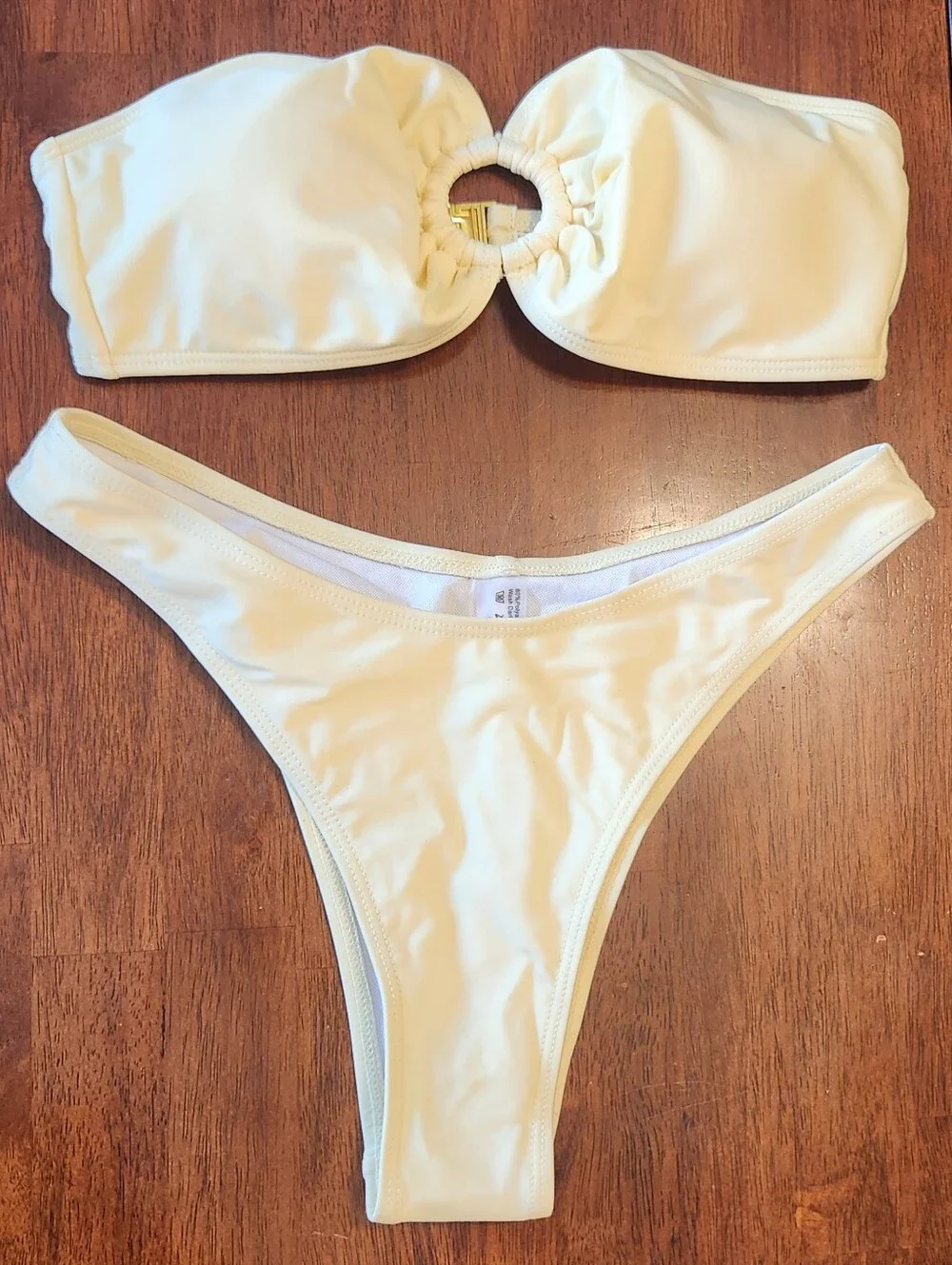 Yellow Ring-Accent Bandeau Bikini Set Women High Cut Cheeky Thong Swimsuit, S